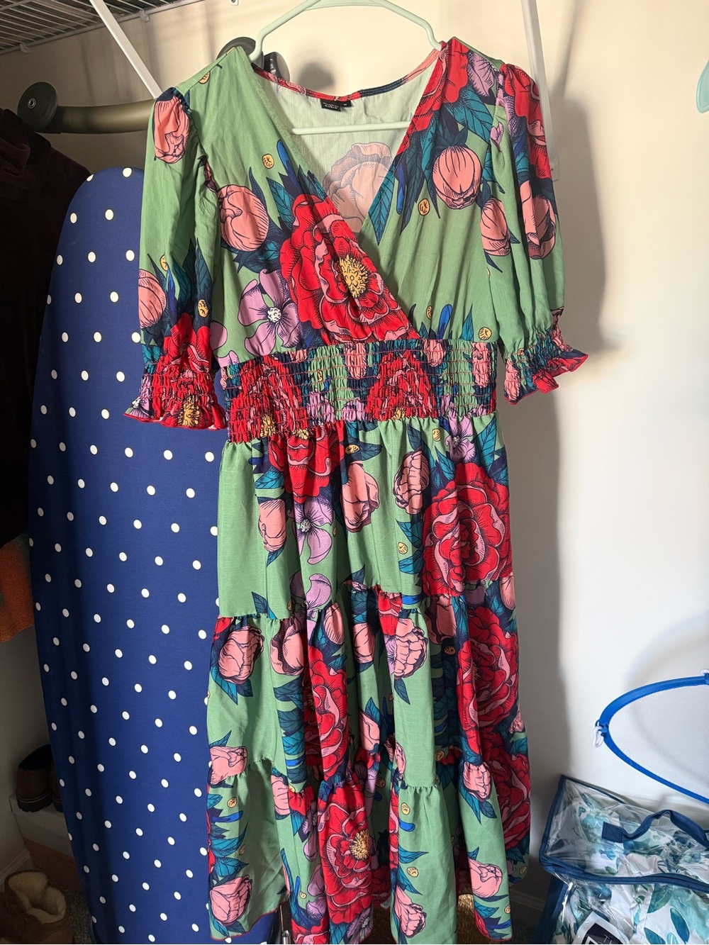 SHEIN Green Midi Dress with Red and Pink Floral Print